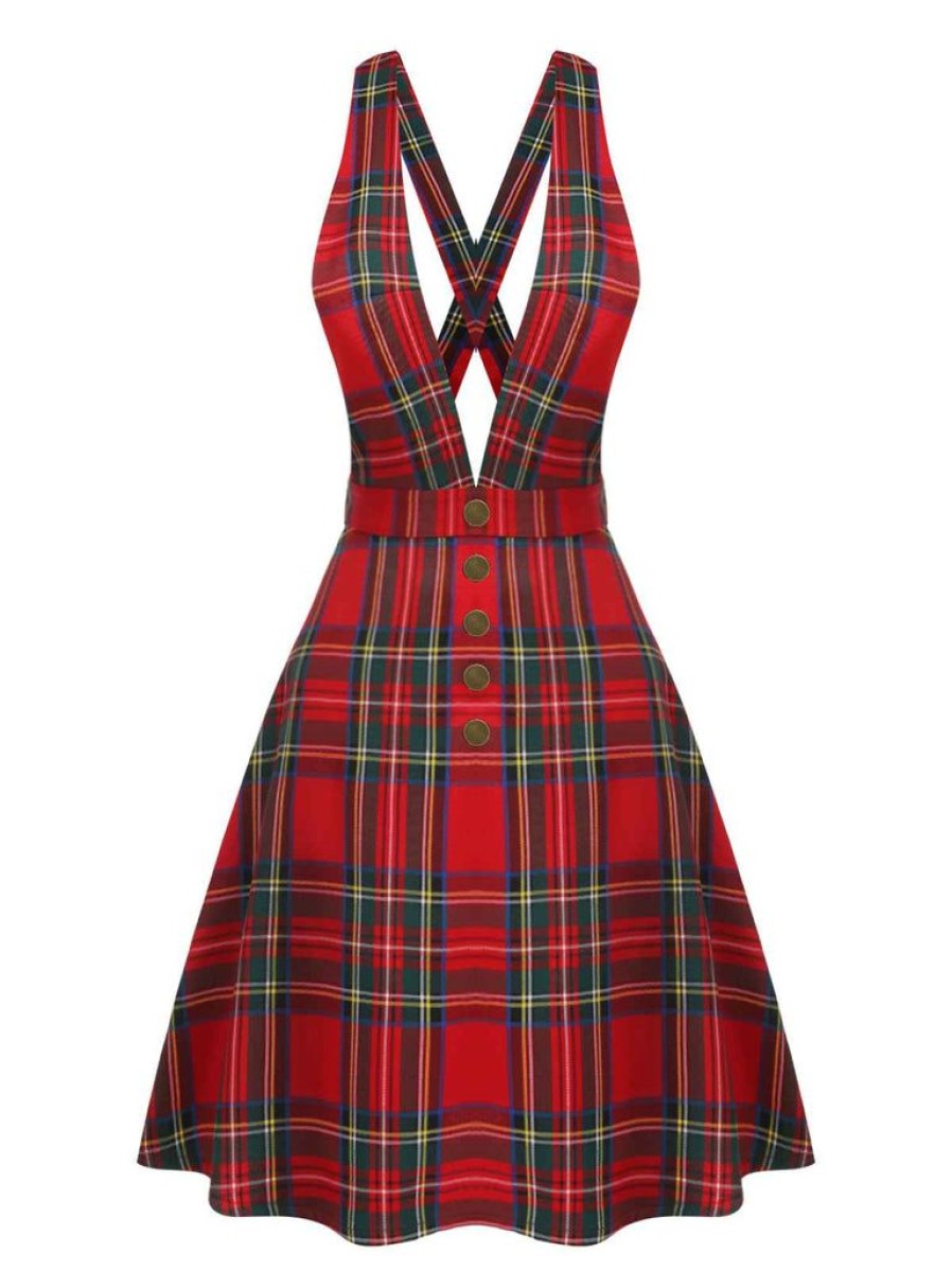 Clothing Retro Stage | [Pre-Sale] 1950S Plaids Buttoned Strap Dress Red