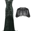 Clothing Retro Stage | 2Pcs Green 1920S Flapper Dress & Black Cape