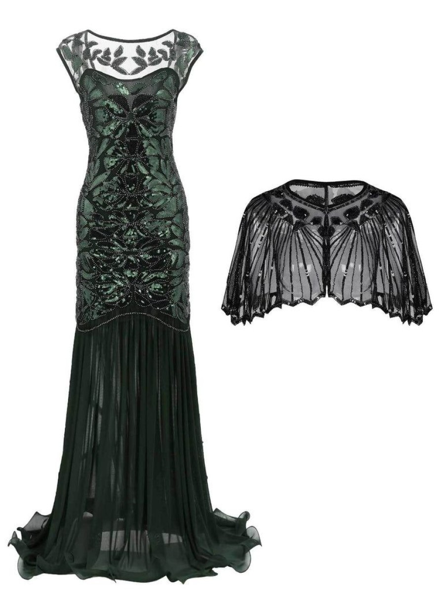 Clothing Retro Stage | 2Pcs Green 1920S Flapper Dress & Black Cape