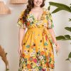 Clothing Retro Stage | [Plus Size] 1950S V-Neck Belted Floral Dress Yellow