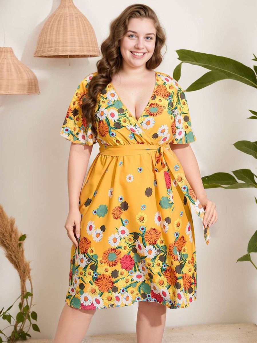 Clothing Retro Stage | [Plus Size] 1950S V-Neck Belted Floral Dress Yellow