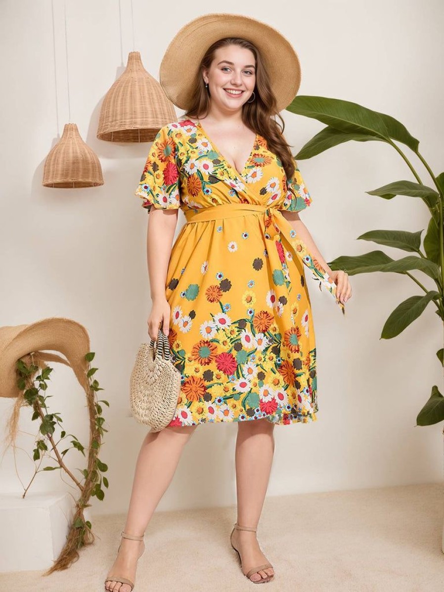 Clothing Retro Stage | [Plus Size] 1950S V-Neck Belted Floral Dress Yellow