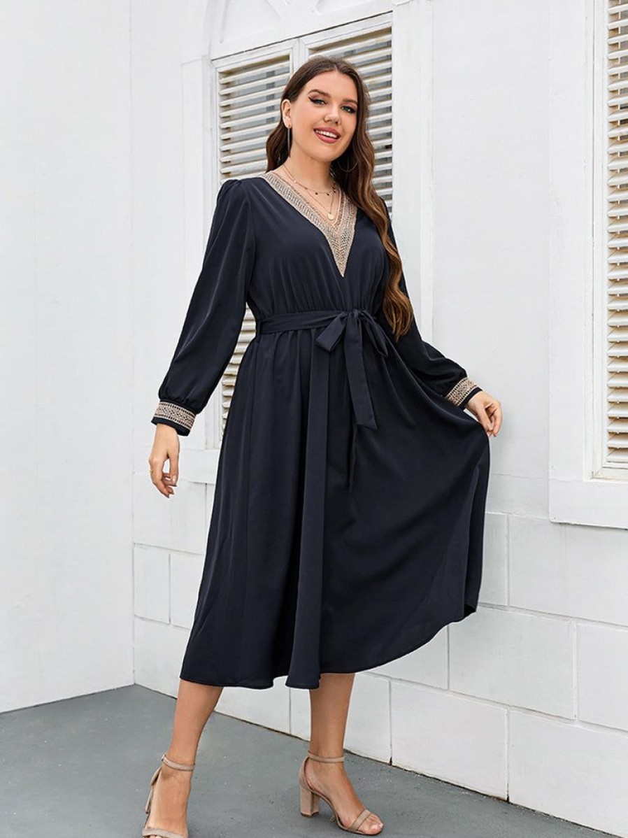 Clothing Retro Stage | [Plus Size] 1930S V-Neck Lantern Sleeve Dress Blue