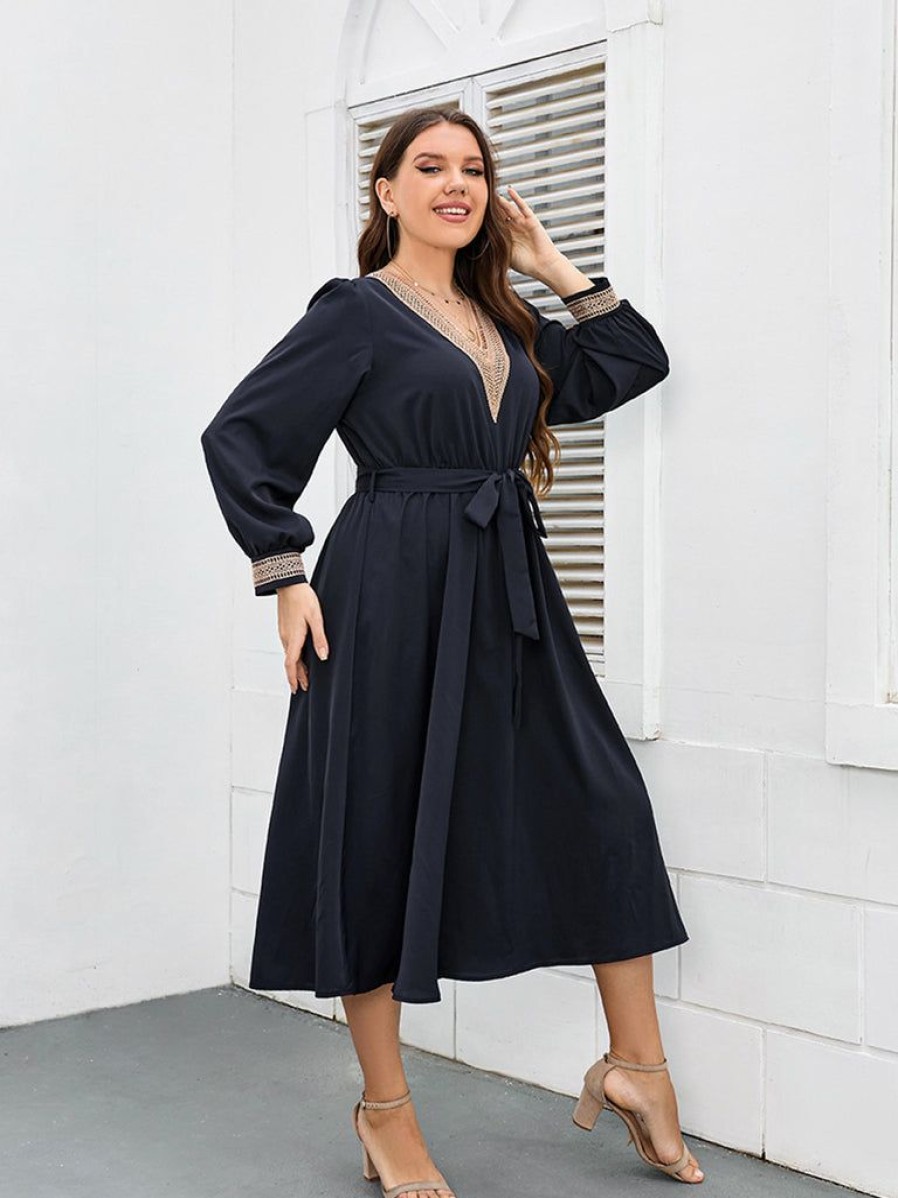 Clothing Retro Stage | [Plus Size] 1930S V-Neck Lantern Sleeve Dress Blue