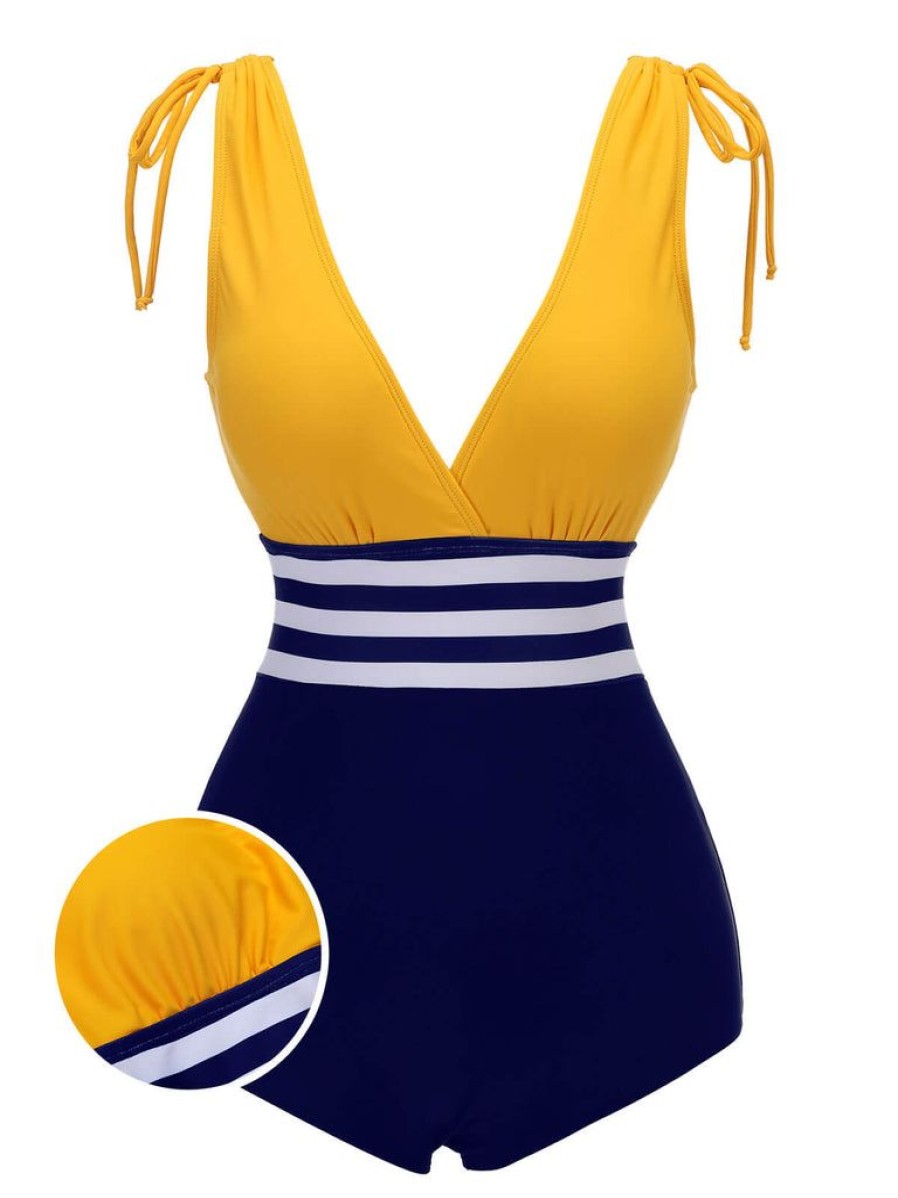 Clothing Retro Stage | Yellow & Blue 1950S Striped Lace-Up Swimsuit Yellow & Navy Blue