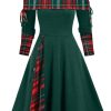 Clothing Retro Stage | 1950S Plaid Patchwork Lace-Up Off-Shoulder Dress