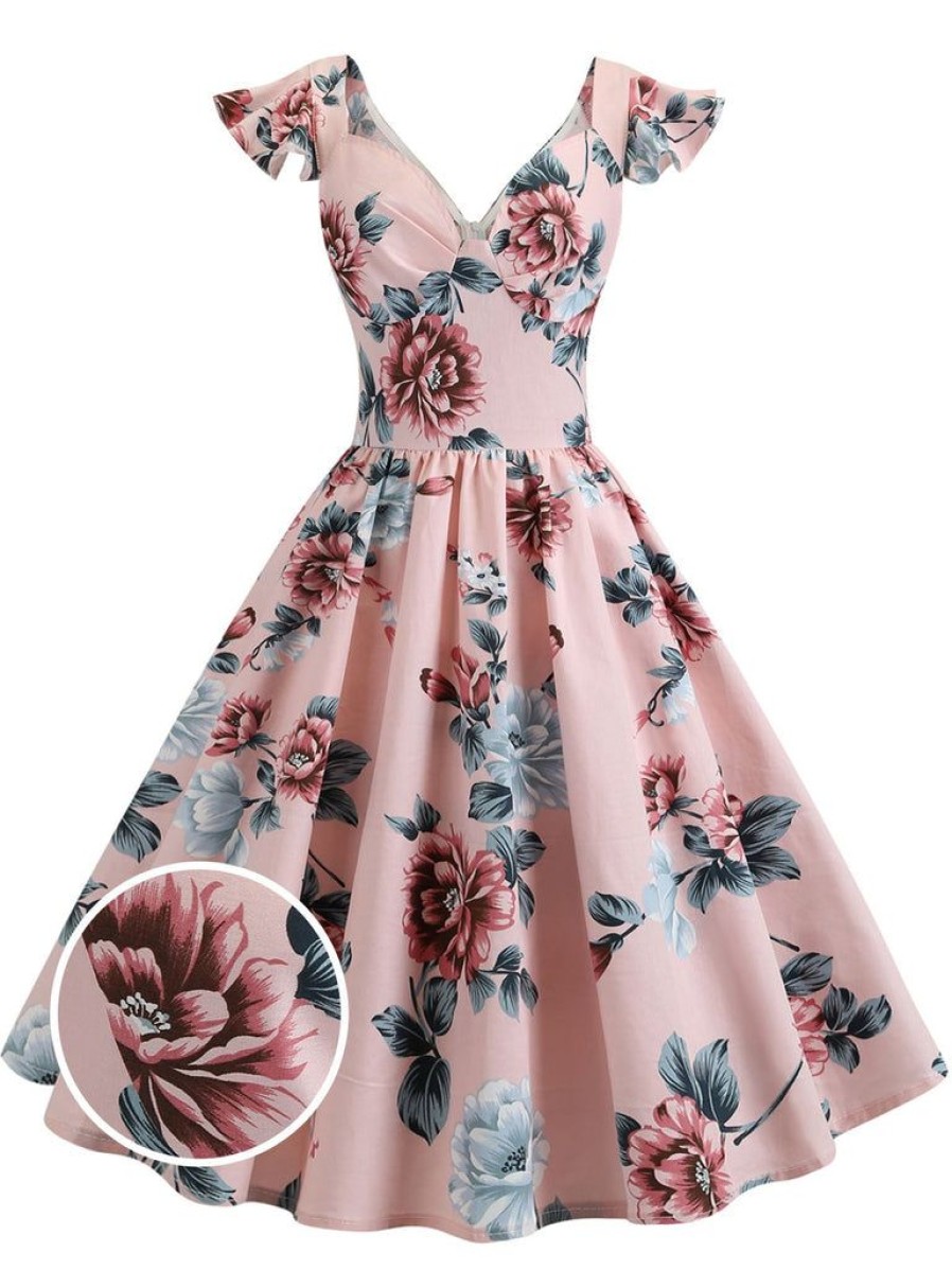 Clothing Retro Stage | 1950S Floral Flare Sleeve Swing Dress