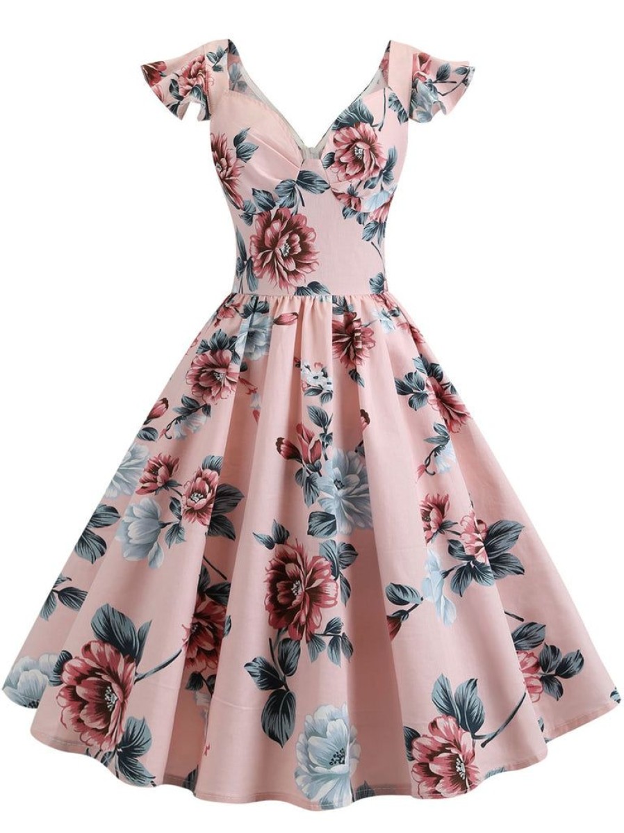 Clothing Retro Stage | 1950S Floral Flare Sleeve Swing Dress