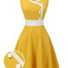 Clothing Retro Stage | White 1940S Buttons Patchwork Dress Yellow