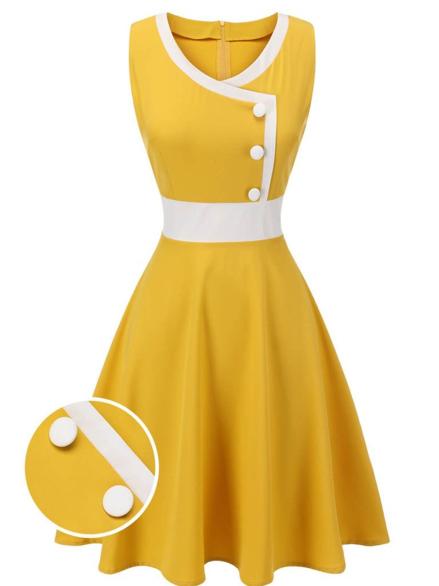 Clothing Retro Stage | White 1940S Buttons Patchwork Dress Yellow