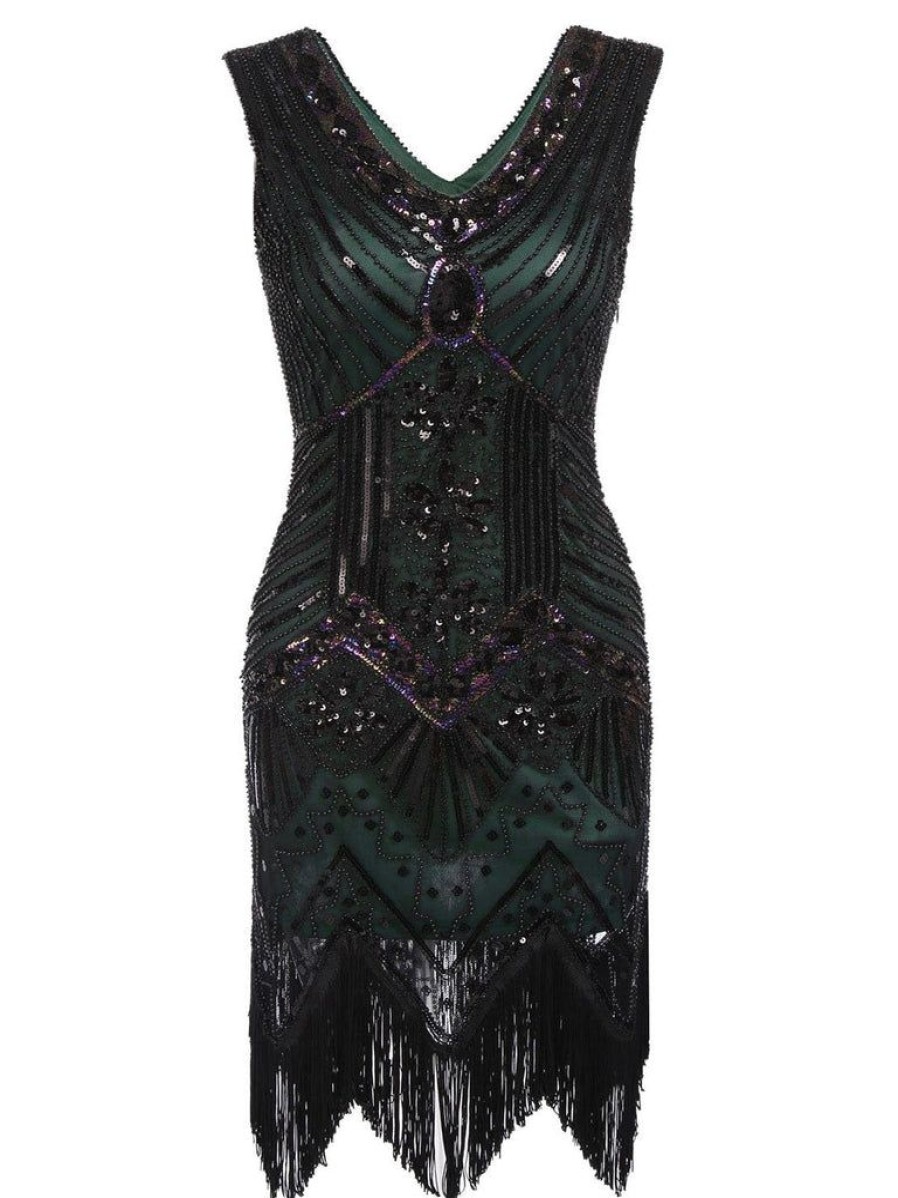 Clothing Retro Stage | [Us Warehouse] Green Plus Size 1920S Sequined Dress Dark Green