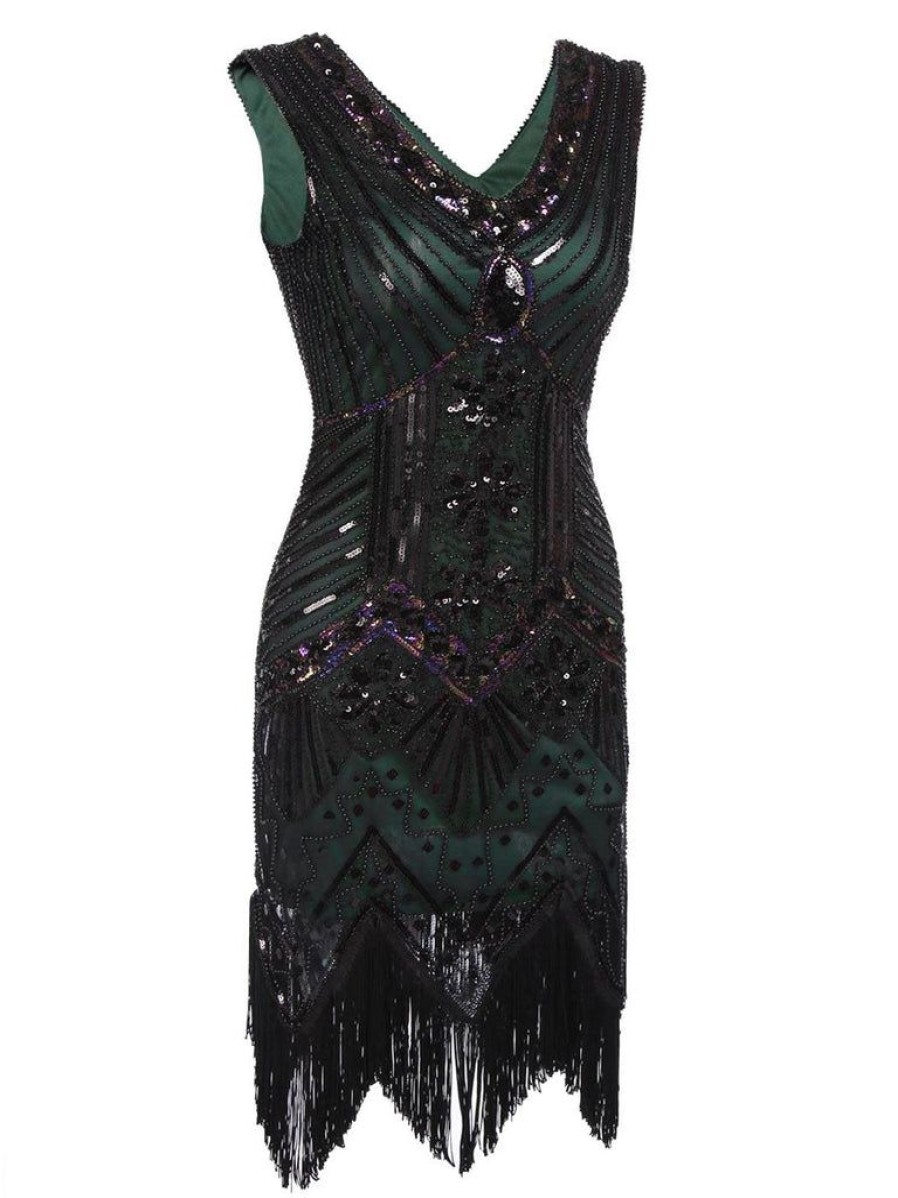 Clothing Retro Stage | [Us Warehouse] Green Plus Size 1920S Sequined Dress Dark Green