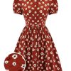 Clothing Retro Stage | 1960S Floral Puff Sleeve Fla Dress Red