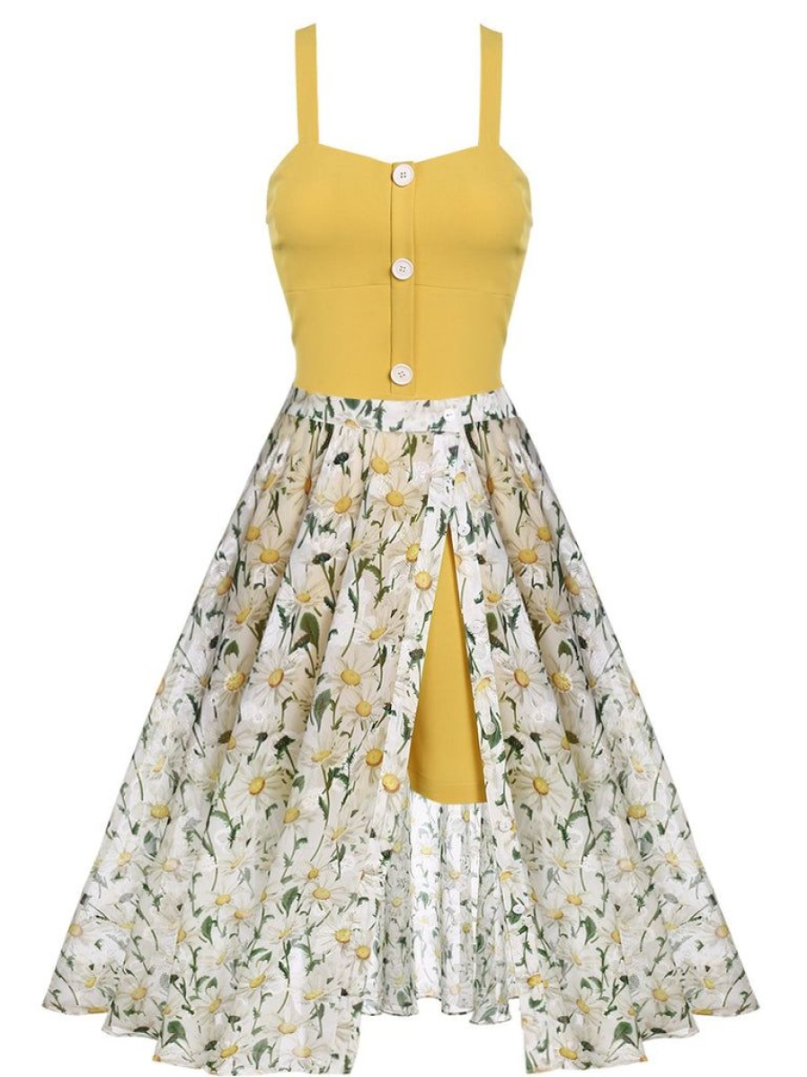 Clothing Retro Stage | Yellow 1950S Romper & White Floral Skirt Yellow & White