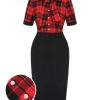 Clothing Retro Stage | [Pre-Sale] 1960S Plaid Bow Collar Pencil Dress Red & Black