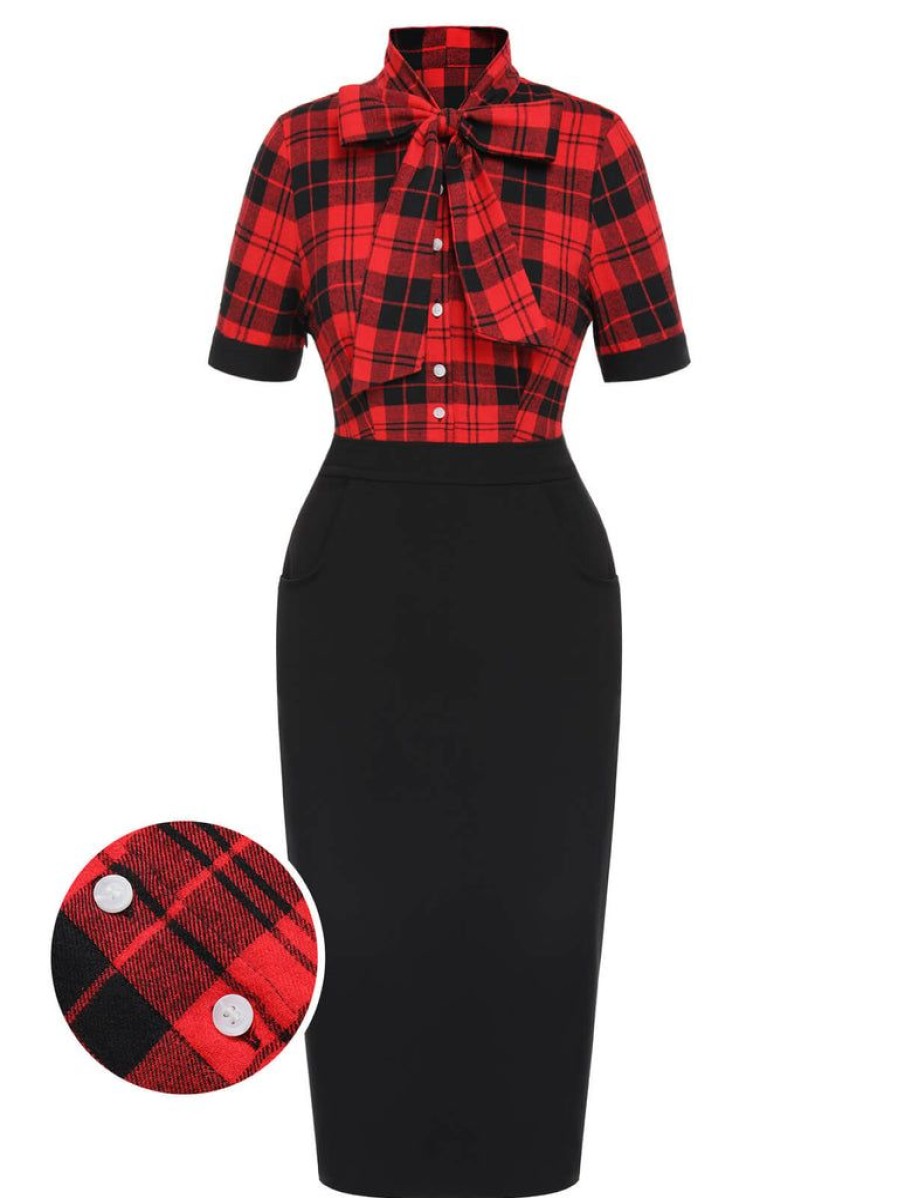 Clothing Retro Stage | [Pre-Sale] 1960S Plaid Bow Collar Pencil Dress Red & Black