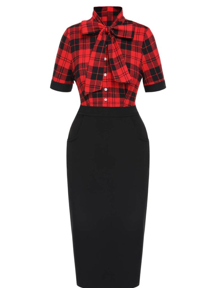 Clothing Retro Stage | [Pre-Sale] 1960S Plaid Bow Collar Pencil Dress Red & Black