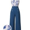 Clothing Retro Stage | 1930S Butterfly Patchwork Halter Lace-Up Jumpsuit Blue