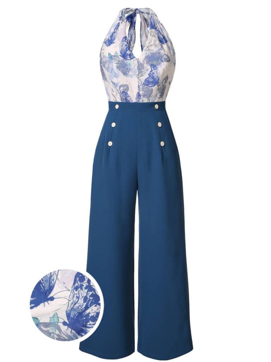 Clothing Retro Stage | 1930S Butterfly Patchwork Halter Lace-Up Jumpsuit Blue