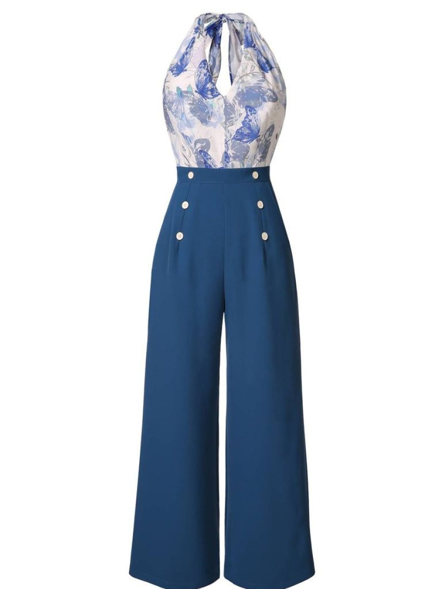 Clothing Retro Stage | 1930S Butterfly Patchwork Halter Lace-Up Jumpsuit Blue