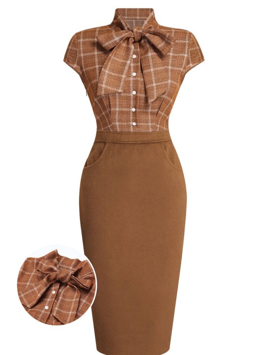 Clothing Retro Stage | 1960S Plaid Patchwork Pencil Dress Brown