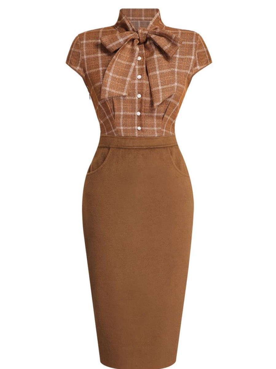 Clothing Retro Stage | 1960S Plaid Patchwork Pencil Dress Brown