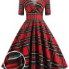 Clothing Retro Stage | 1950S Plaid Sweetheart Fold Swing Dress Red