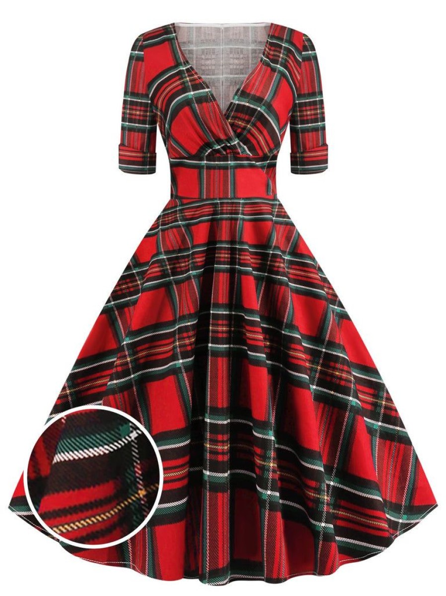 Clothing Retro Stage | 1950S Plaid Sweetheart Fold Swing Dress Red