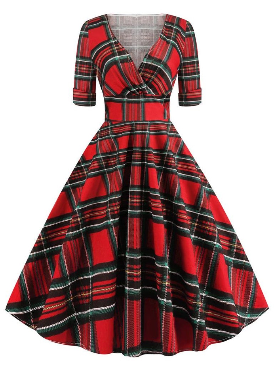 Clothing Retro Stage | 1950S Plaid Sweetheart Fold Swing Dress Red