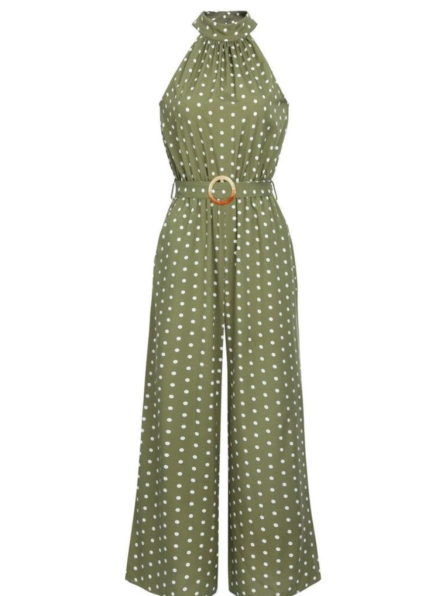 Clothing Retro Stage | 1930S Polka Dot Belt Jumpsuit Green