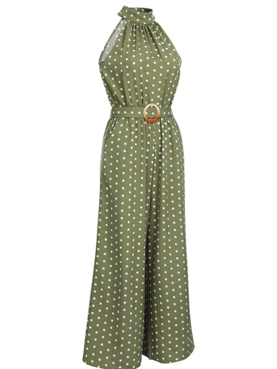 Clothing Retro Stage | 1930S Polka Dot Belt Jumpsuit Green