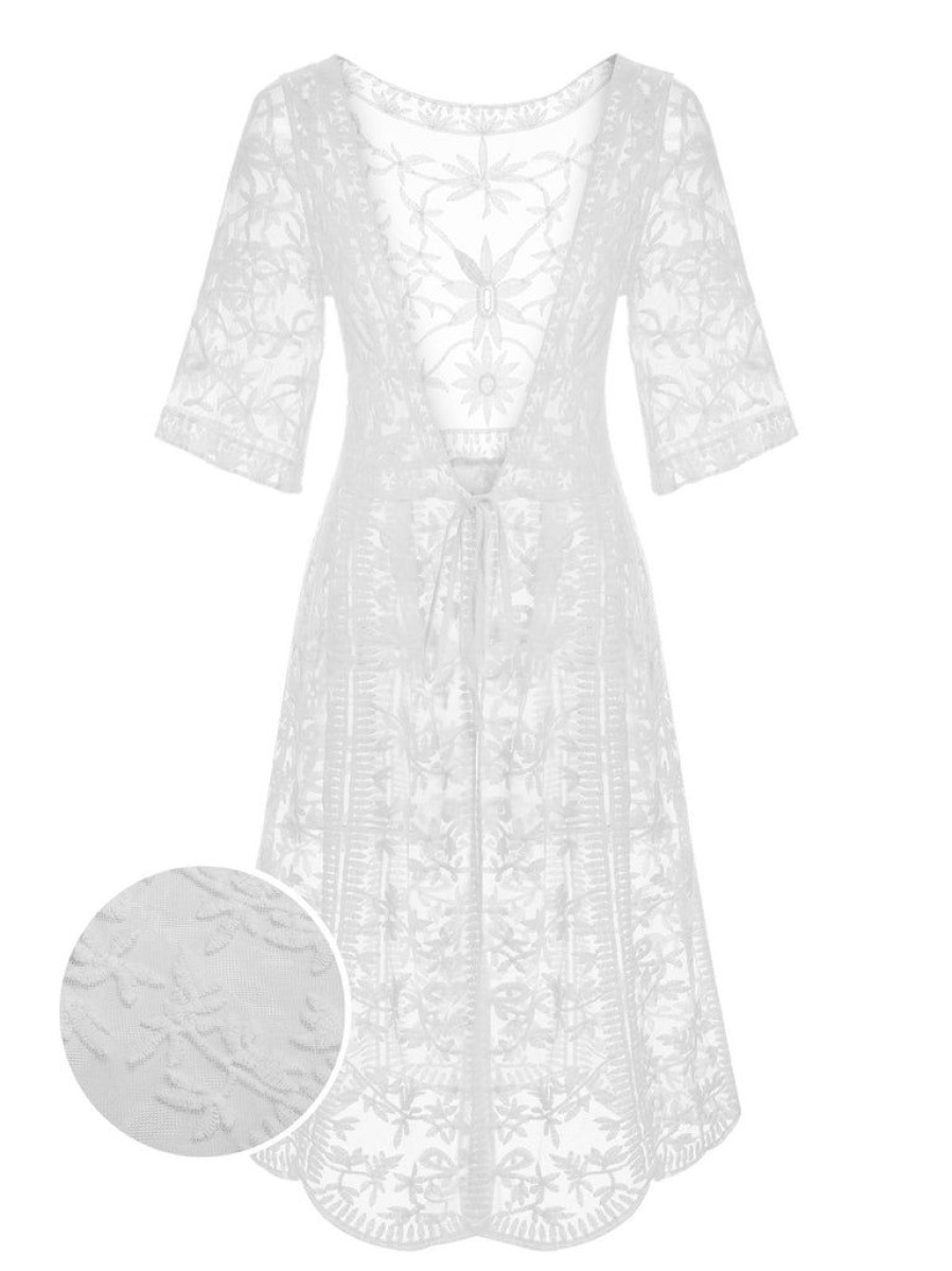 Clothing Retro Stage | White 1960S Lace V-Neck Wrap Cover-Up