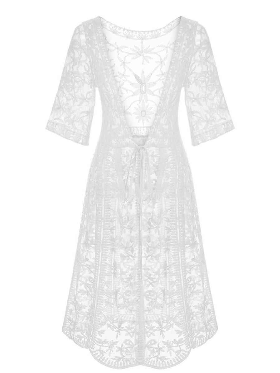 Clothing Retro Stage | White 1960S Lace V-Neck Wrap Cover-Up