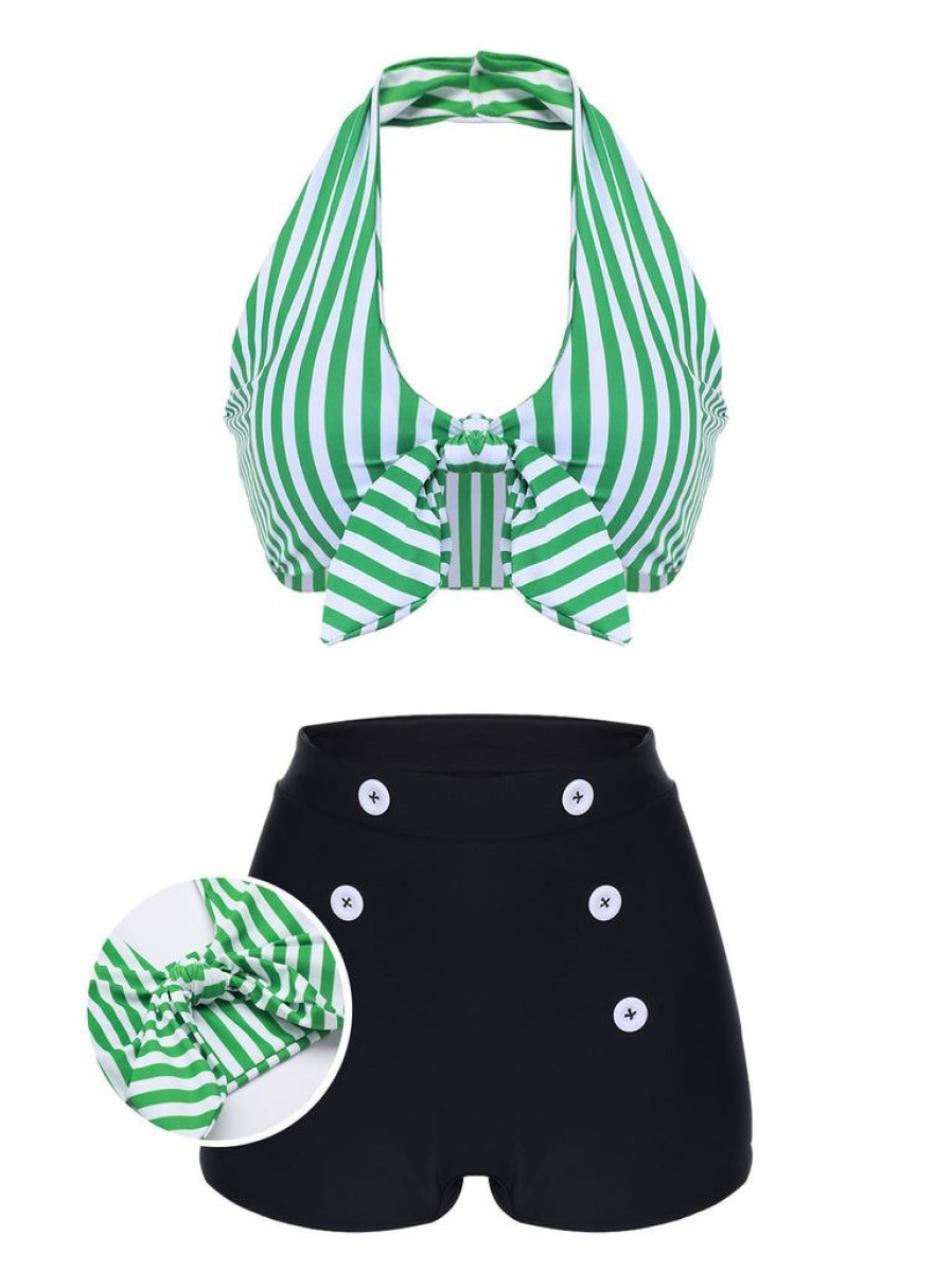 Clothing Retro Stage | [Plus Size] 1950S Retro Halter Stripes Bikini Set Green