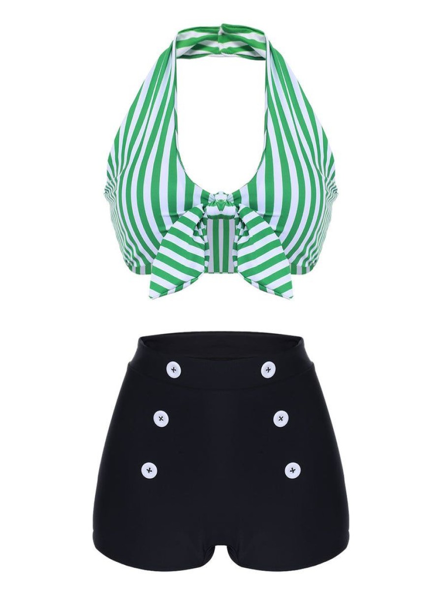 Clothing Retro Stage | [Plus Size] 1950S Retro Halter Stripes Bikini Set Green