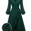 Clothing Retro Stage | 1950S Lantern Sleeve Wrap V-Neck Dress Green