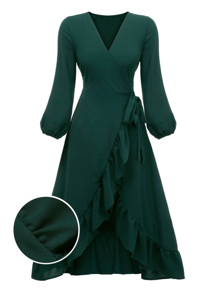 Clothing Retro Stage | 1950S Lantern Sleeve Wrap V-Neck Dress Green