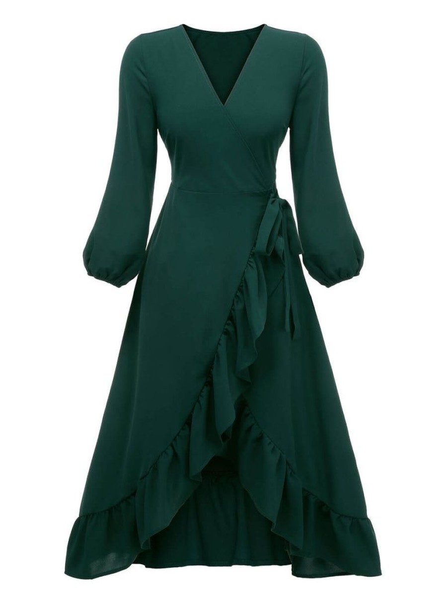 Clothing Retro Stage | 1950S Lantern Sleeve Wrap V-Neck Dress Green