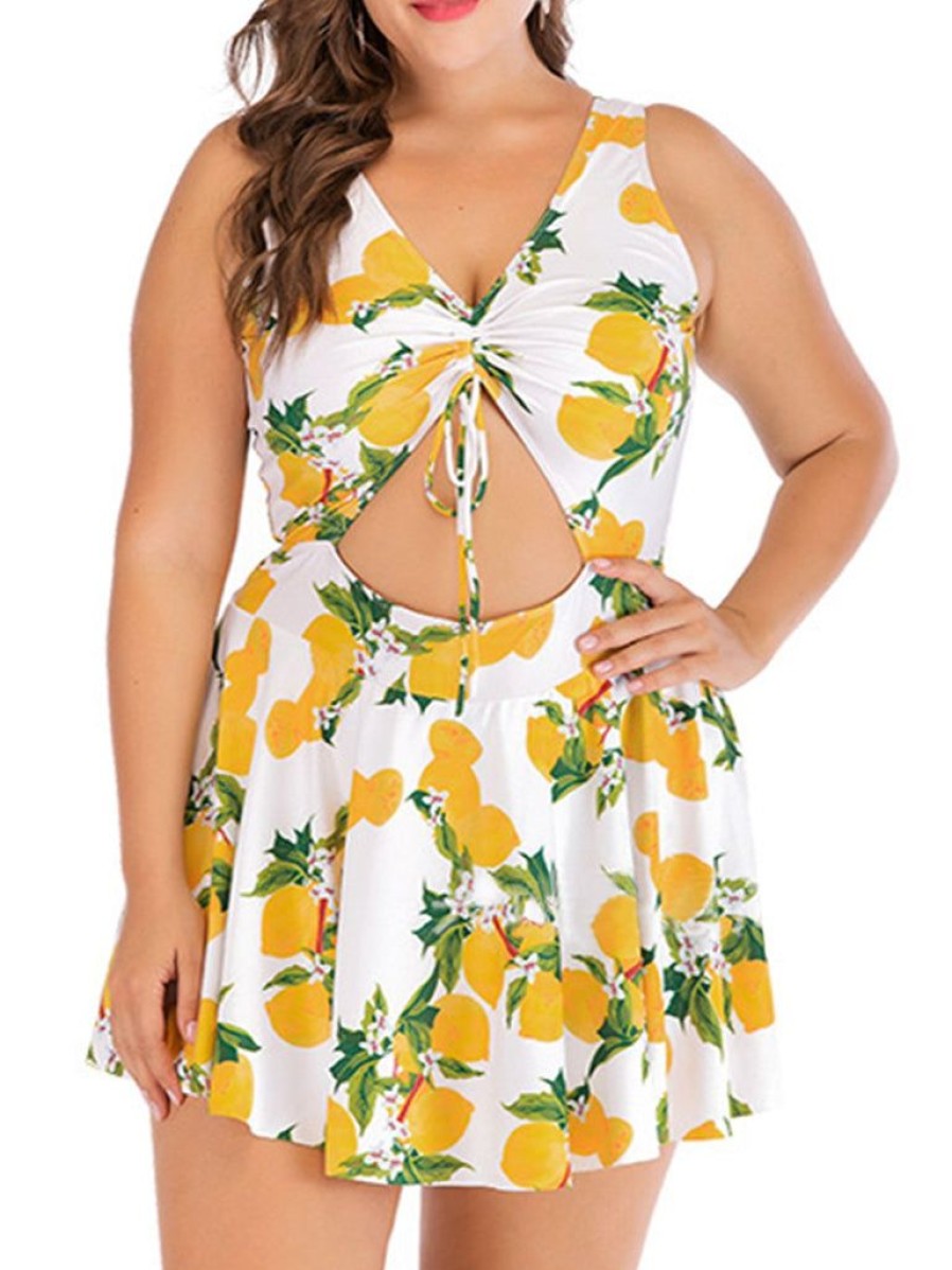 Clothing Retro Stage | Plus Size 1940S Lemons Skirted Swimsuit White