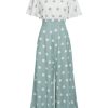 Clothing Retro Stage | 1930S White Splicing Polka Dot Jumpsuit Green