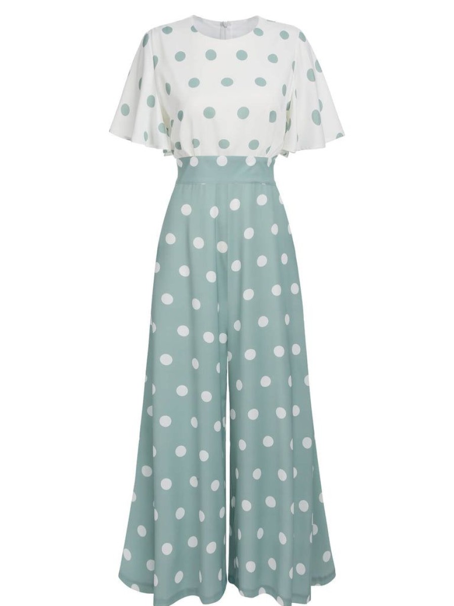 Clothing Retro Stage | 1930S White Splicing Polka Dot Jumpsuit Green