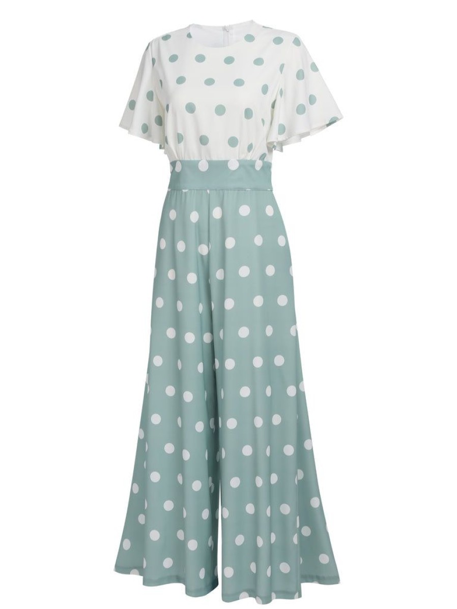 Clothing Retro Stage | 1930S White Splicing Polka Dot Jumpsuit Green