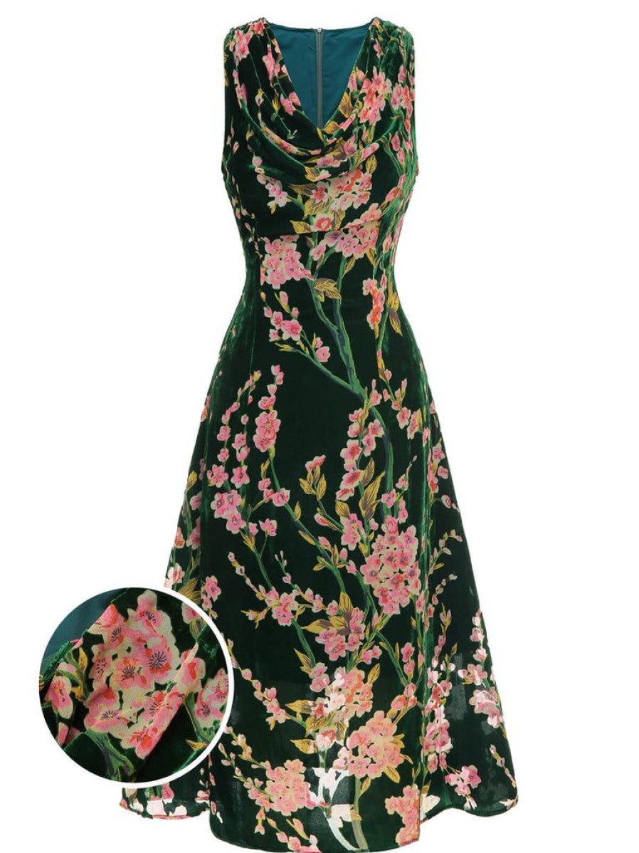 Clothing Retro Stage | 1930S Floral Velvet Sleeveless Dress Green