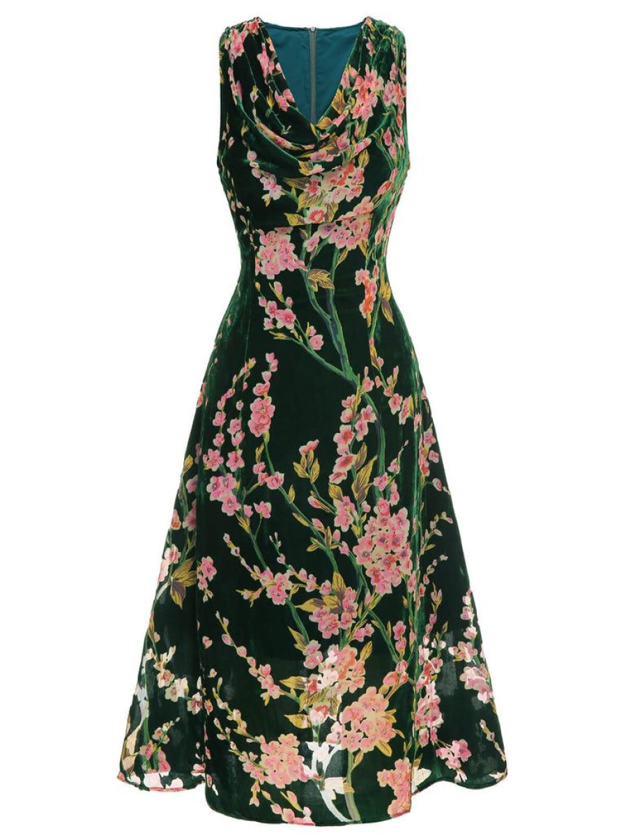 Clothing Retro Stage | 1930S Floral Velvet Sleeveless Dress Green