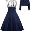 Clothing Retro Stage | 2Pcs Navy 1950S Polka Dot Swing Dress Navy Blue