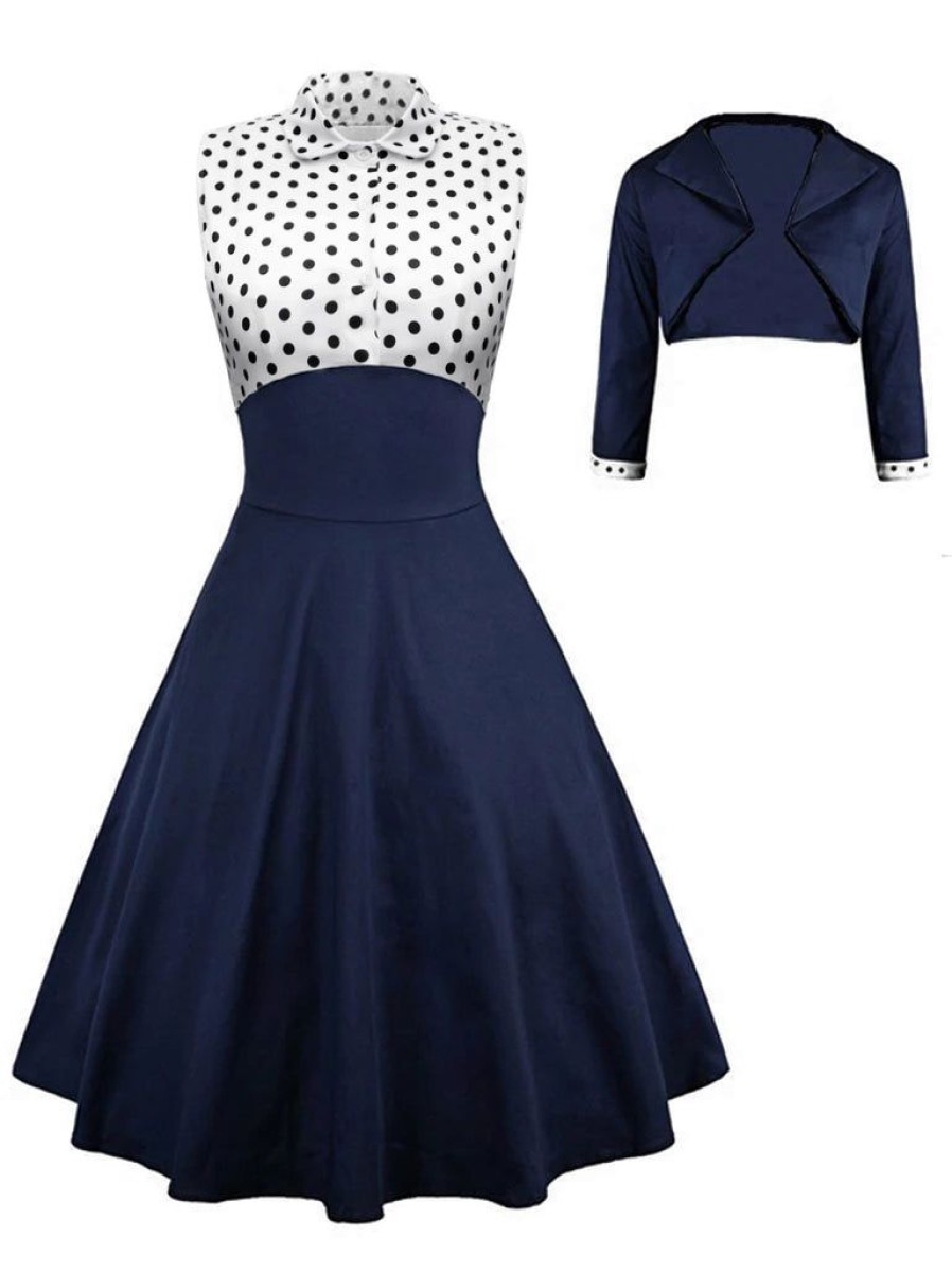 Clothing Retro Stage | 2Pcs Navy 1950S Polka Dot Swing Dress Navy Blue