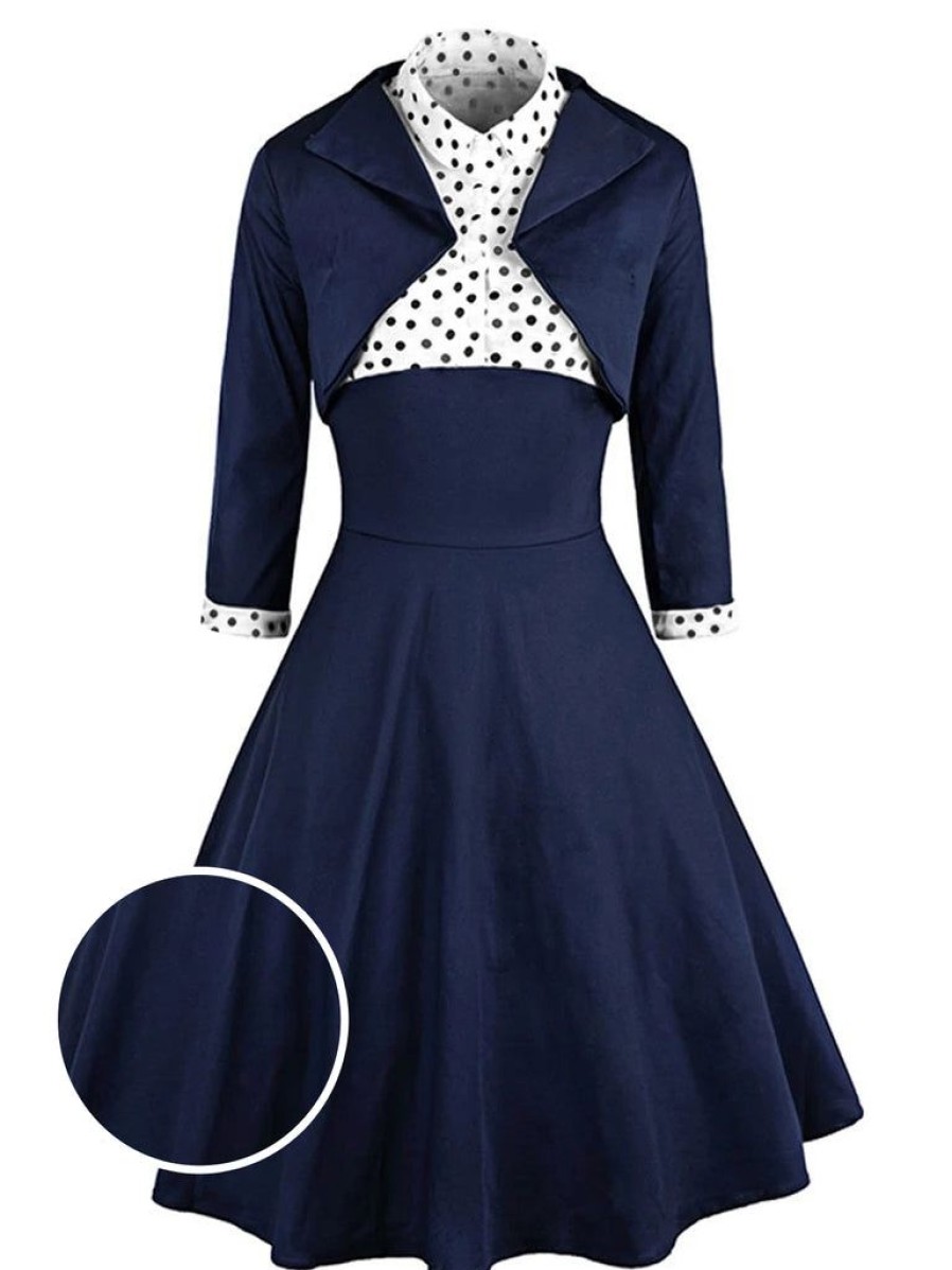 Clothing Retro Stage | 2Pcs Navy 1950S Polka Dot Swing Dress Navy Blue