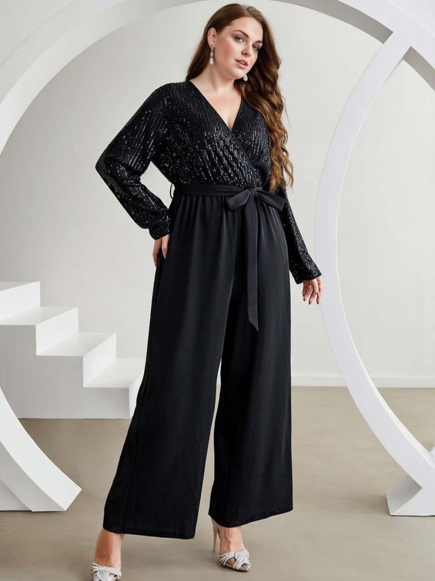 Clothing Retro Stage | [Plus Size] 1930S V-Neck Sequined Jumpsuit Black