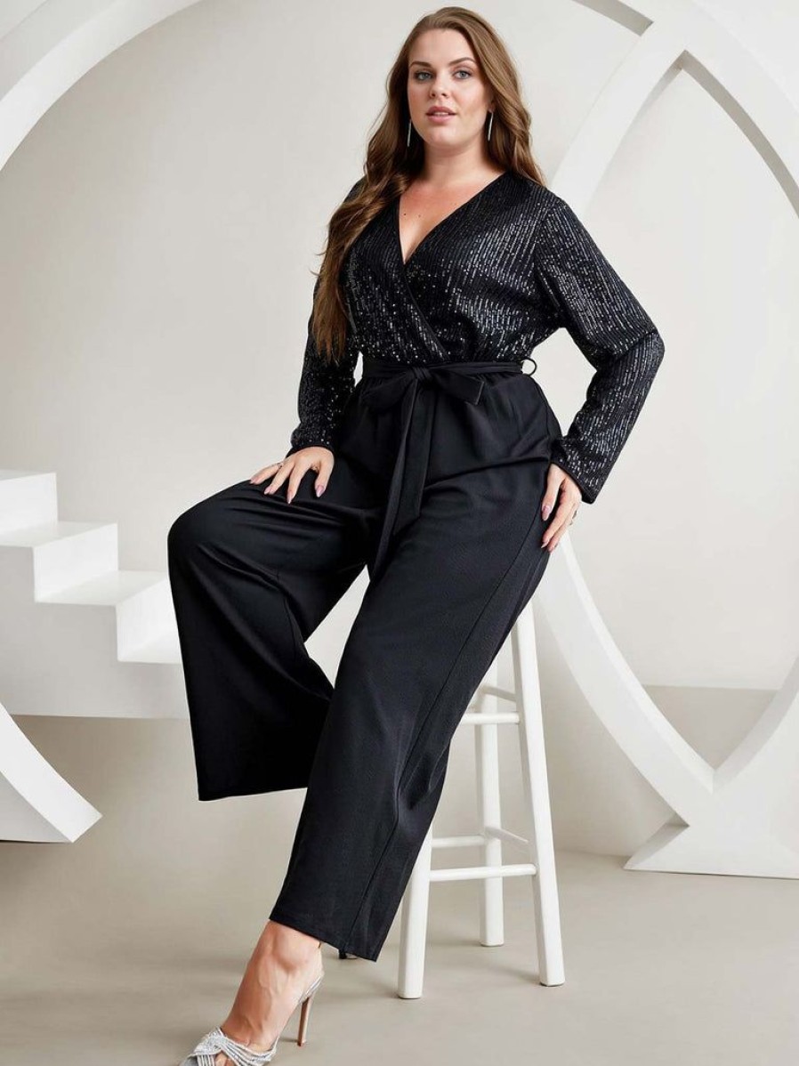 Clothing Retro Stage | [Plus Size] 1930S V-Neck Sequined Jumpsuit Black