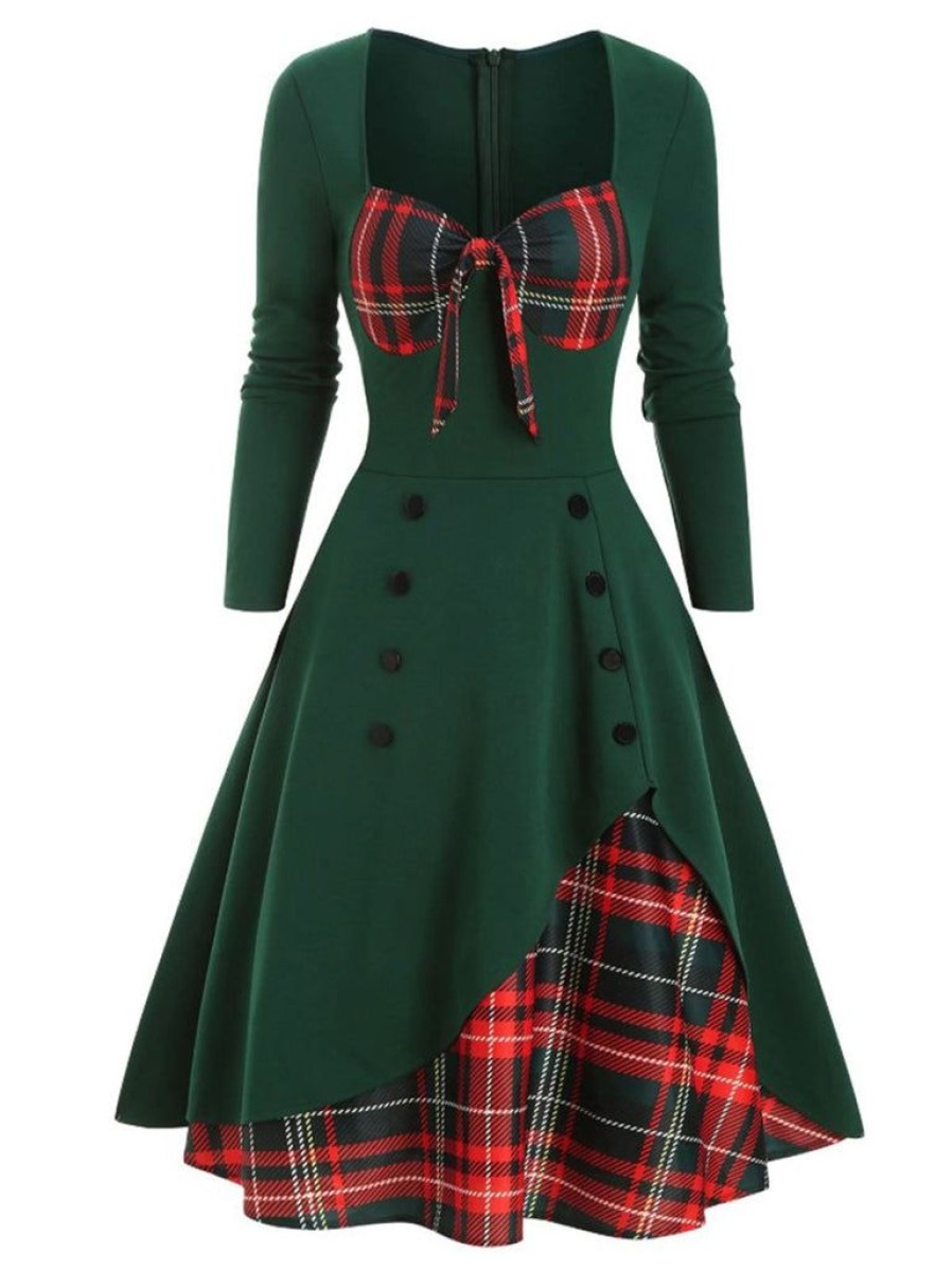 Clothing Retro Stage | 1950S Sweetheart Plaid Patchwork Dress